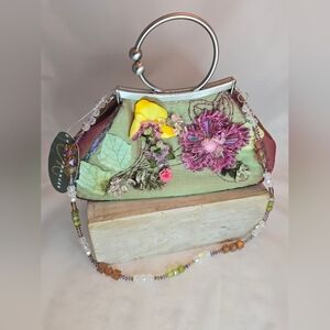 Mary Frances Beaded Floral Satin Handbag Ring Handle Evening Cocktail Purse Bag